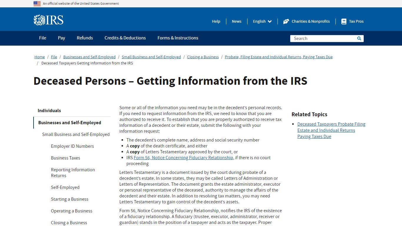 Deceased Persons – Getting Information from the IRS
